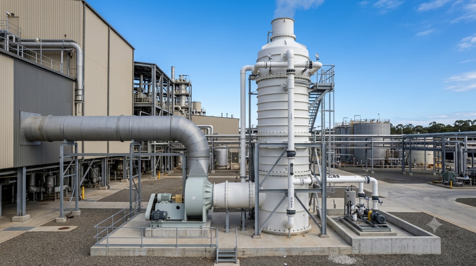Installed PP scrubber system with ducting outside a plant