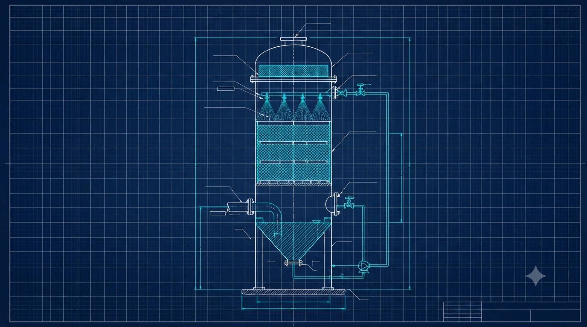 Blueprint elevation of a packed-bed scrubber tower