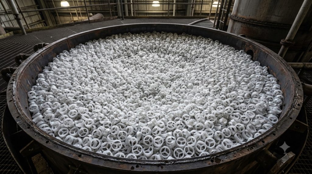 Packed bed of white pall rings inside a scrubber tower