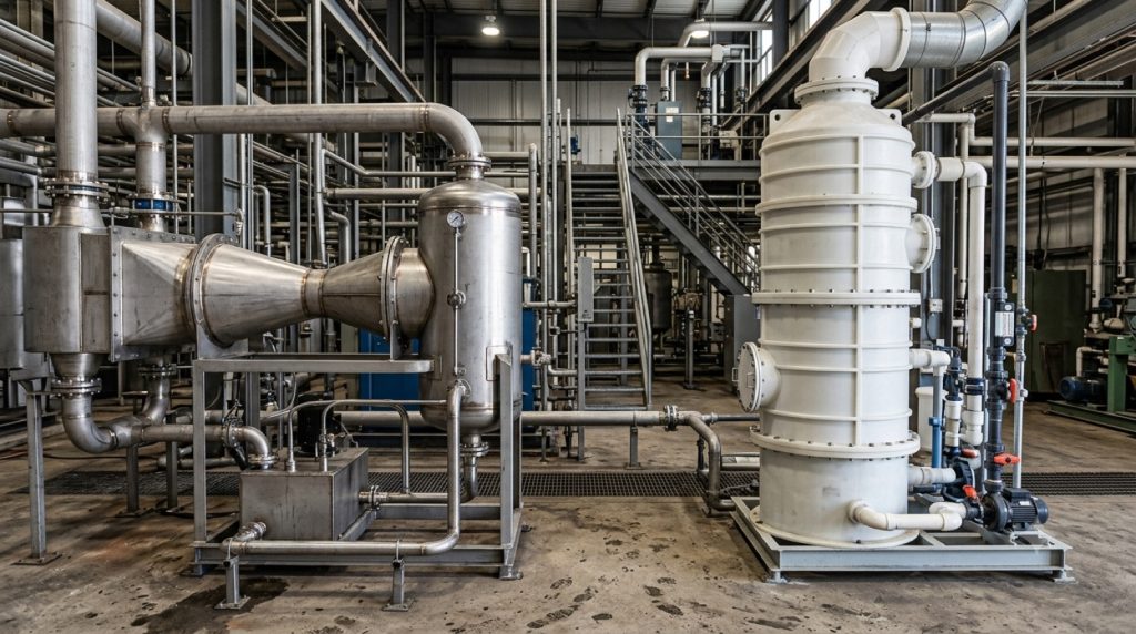 Stainless venturi scrubber next to a PP packed tower