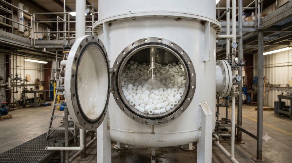 Open inspection hatch showing spray nozzles and packing